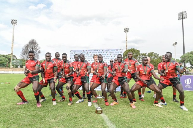 You can't beat the feeling after Kenya beat Uganda 31-0 to qualify for the Tokyo Olympics by winning all their matches in South Africa, (Photo by Rugby Afrique)