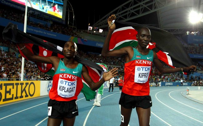 Silas Kiplagat(left) and World Champion Asbel KIprop. Kiplagat will be in action at the Kenya Prisons Athletics championships.(Photo:File)