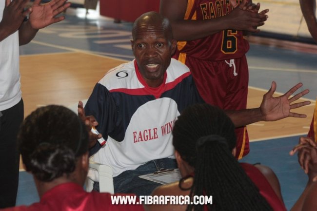 Eagle Wings Coach Thomas Olumbo talks to his players at the ongoing Africa Champions cup for women in Abidjan.Eagles have lost all their three matches so far.(Photo by FIBA)