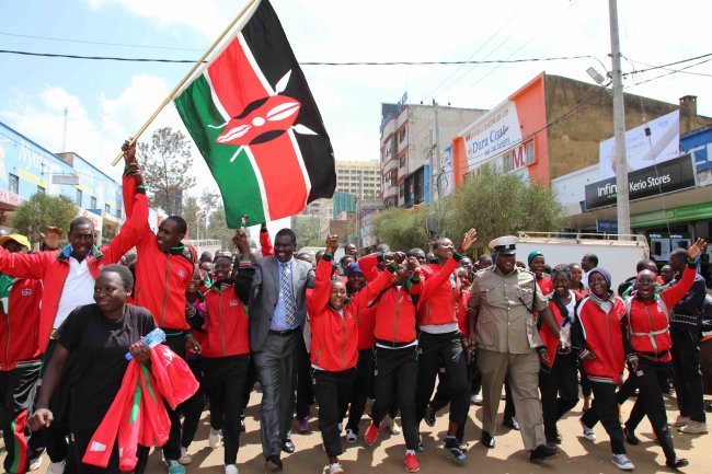 Kenya team school students march along the Eldoret streets with Uasin Gishu country governor Jackson Mandator.(Photo by Emmanuel Sabuni)