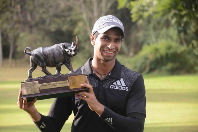 2017 Barclays Kenya Open Winner Aaron Rai poses with his trophy.(Photo: Courtesy)