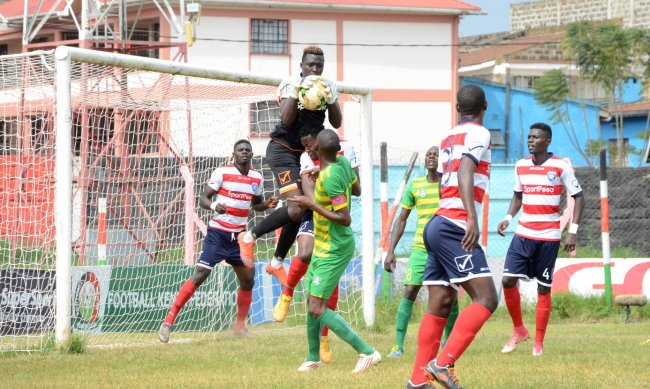 AFC Leopards keeper Ian Otieno collects the ball mid air in a GOtv Shield semi final against Vihiga United which they won 1-0. (Photo by Alex Wafula)