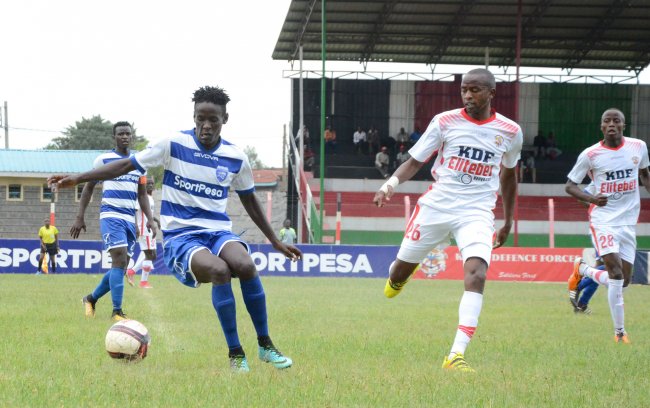 AFC Leopards defender Dennis Sikhayi attempts to turn away from Ulinzi Stars' Daniel Waweru in a KPL match which AFC Leopards won 1-0. (Photo by Alex Wafula).