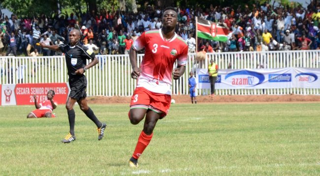Duncan Otieno wheels away after scoring a goal against Rwanda. (Photo by Alex Wafula) 